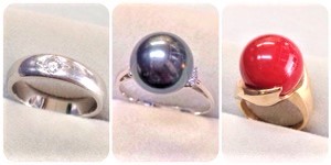 ダイヤモンドとタヒチ真珠と赤珊瑚の指輪